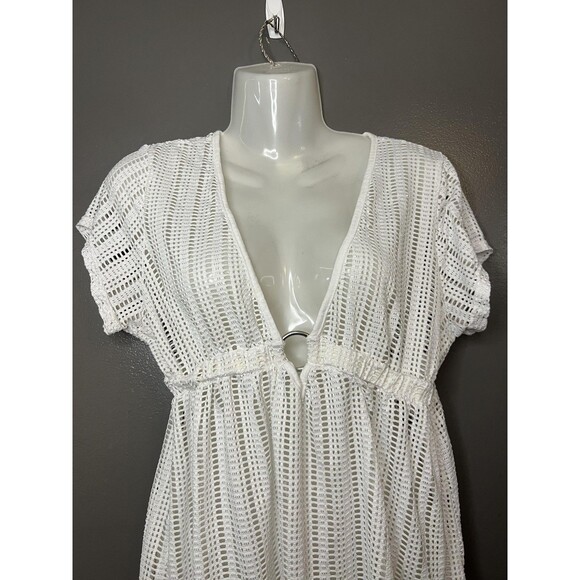 White Swimsuit Cover Up Dress Womens Large Crochet Mesh V Neck Beach Tunic - Picture 4 of 7